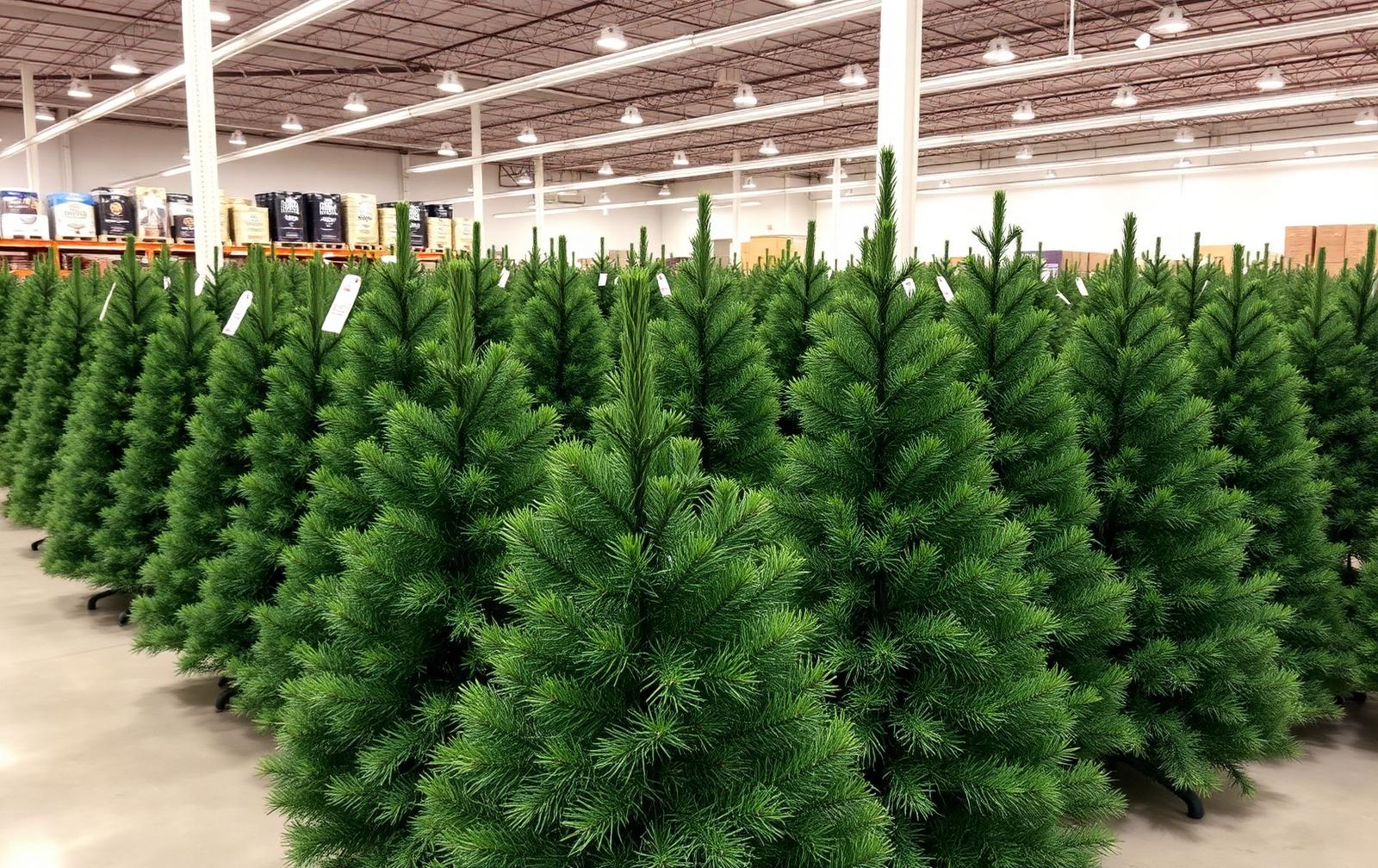 Rijen groene kunstkerstbomen opgesteld in een grote bouwmarkt