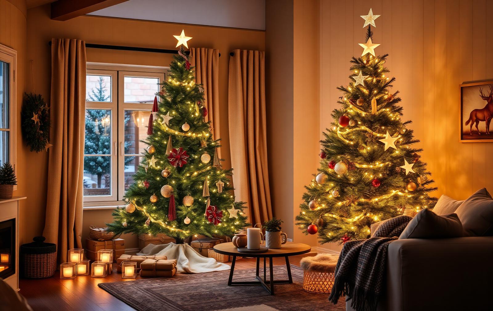 Versierde kerstboom met warmwitte verlichting in een gezellige woonkamer