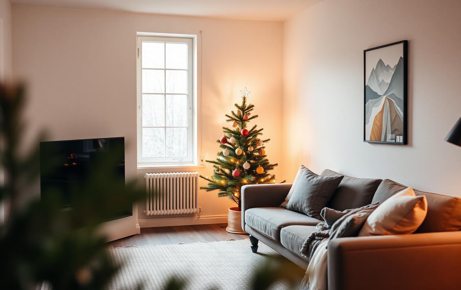 Slanke compacte kerstboom in een kleine, gezellige woonkamer