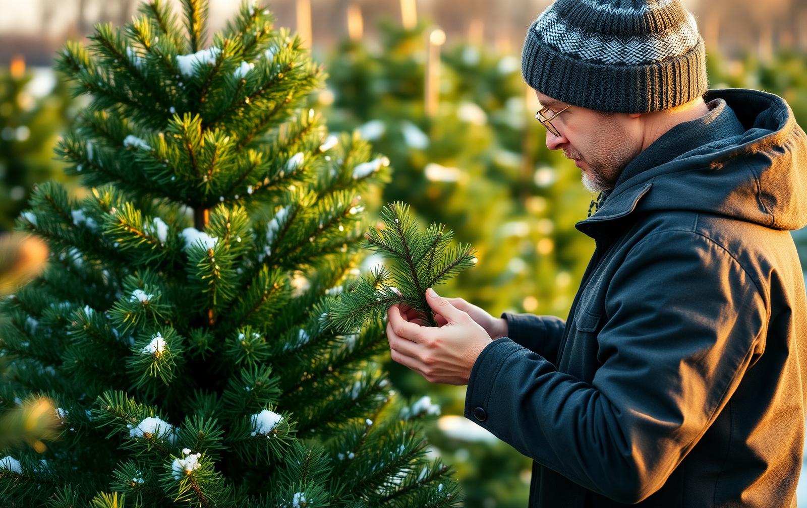 Iemand die de naalddichtheid van een verse Nordmann-kerstboom controleert op een besneeuwd kerstboomterrein