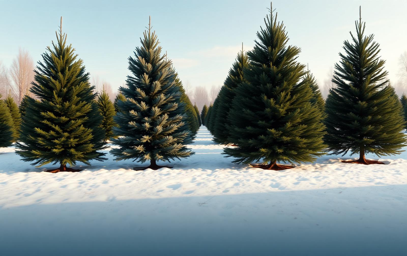 Verschillende soorten kerstbomen naast elkaar in de sneeuw