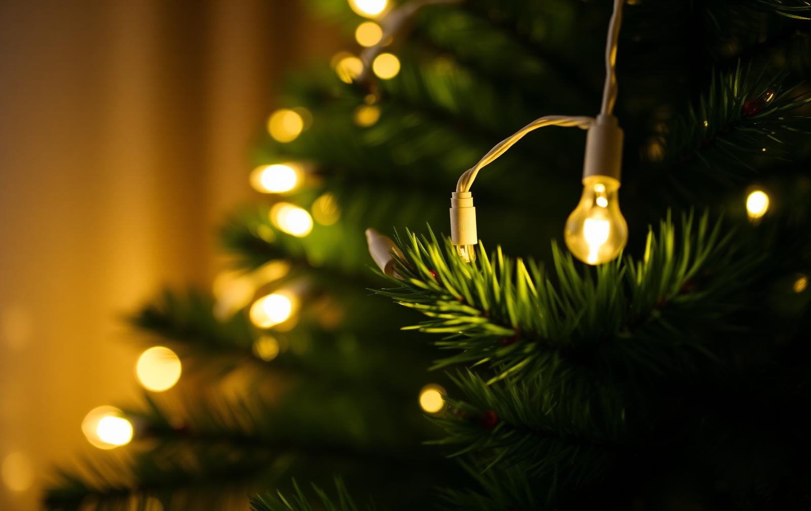 Close-up van warmwitte LED-lampjes tussen de takken van een kerstboom