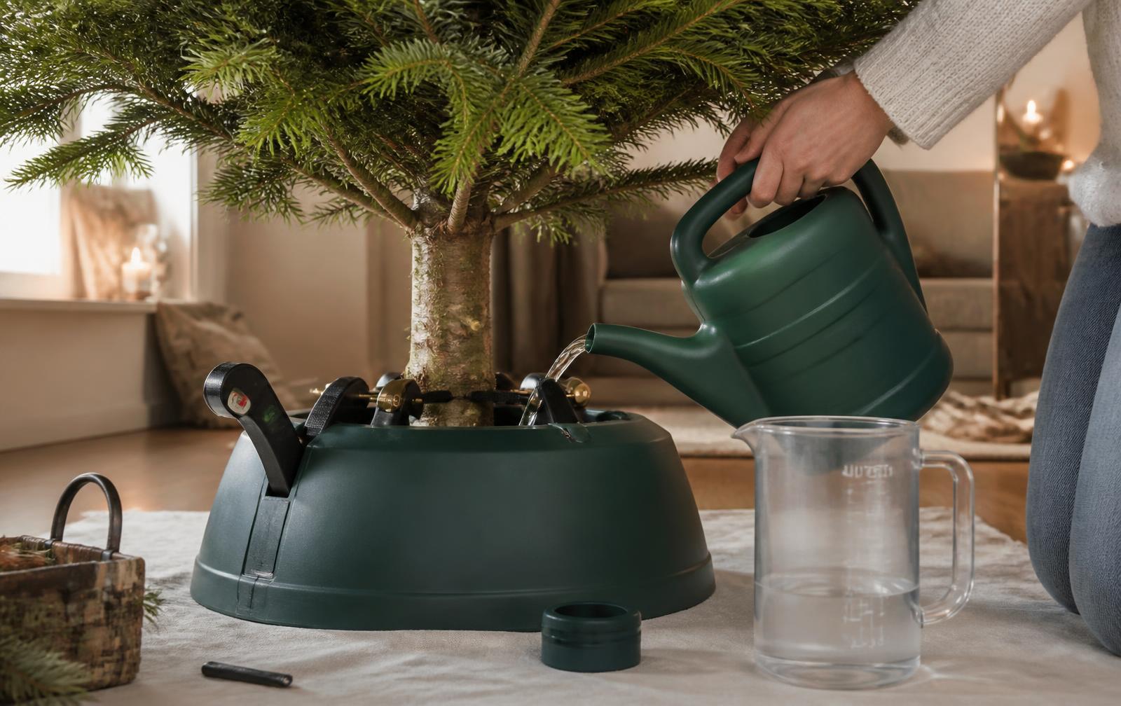 Water bijvullen met een gieter in het reservoir van een kerstboomstandaard