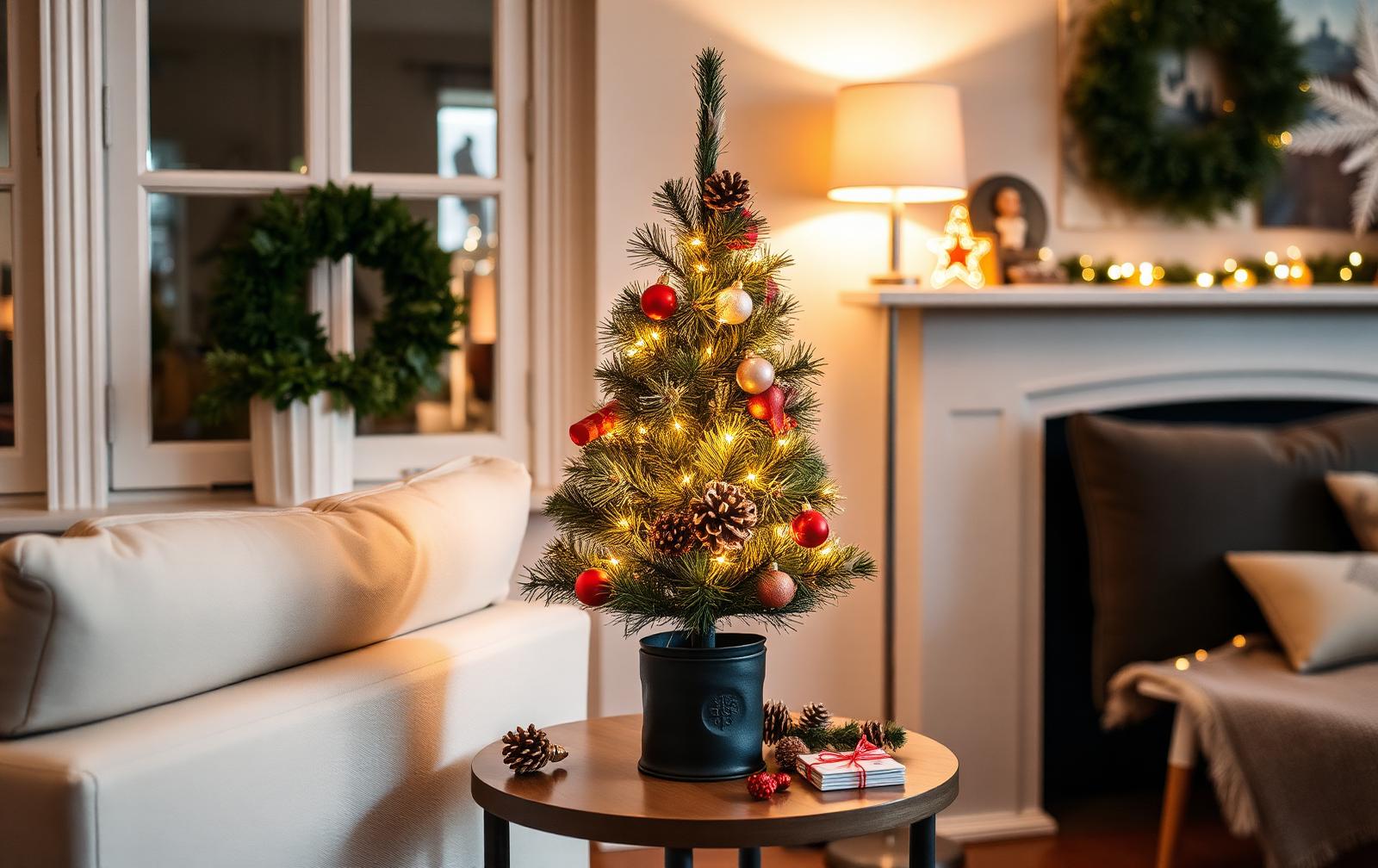 Kleine versierde kerstboom met warmwitte lampjes op een bijzettafel in een woonkamer