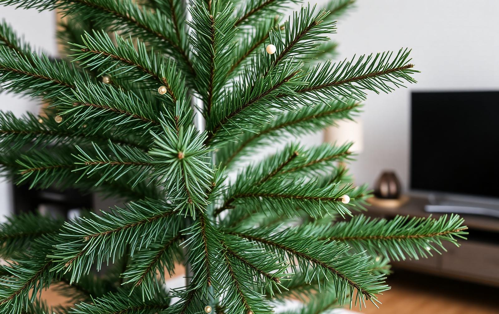 Close-up van dichte, realistische PE-naalden van een kunstkerstboom in een woonkamer