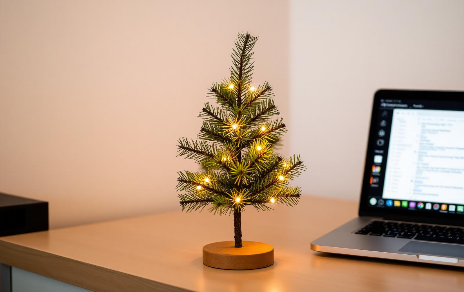 Kleine mini kerstboom met warme lampjes op een bureau naast een laptop