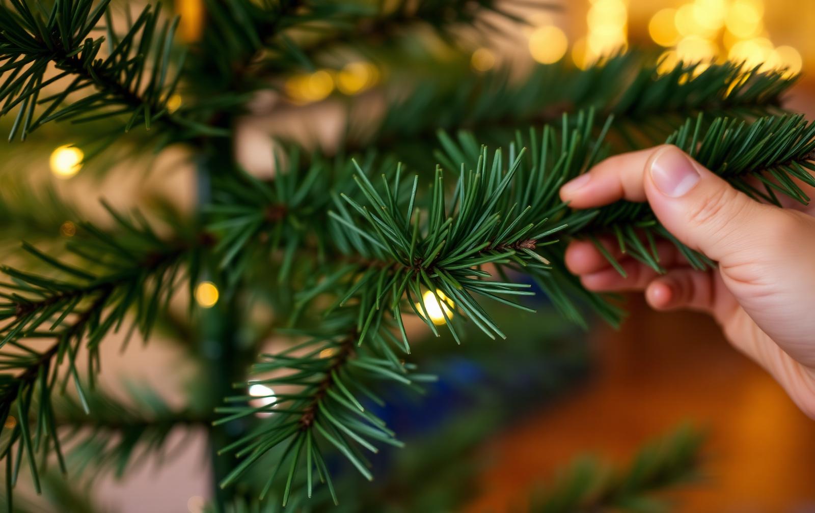 Close-up van realistische PE-naalden van een nep kerstboom met warme verlichting op de achtergrond