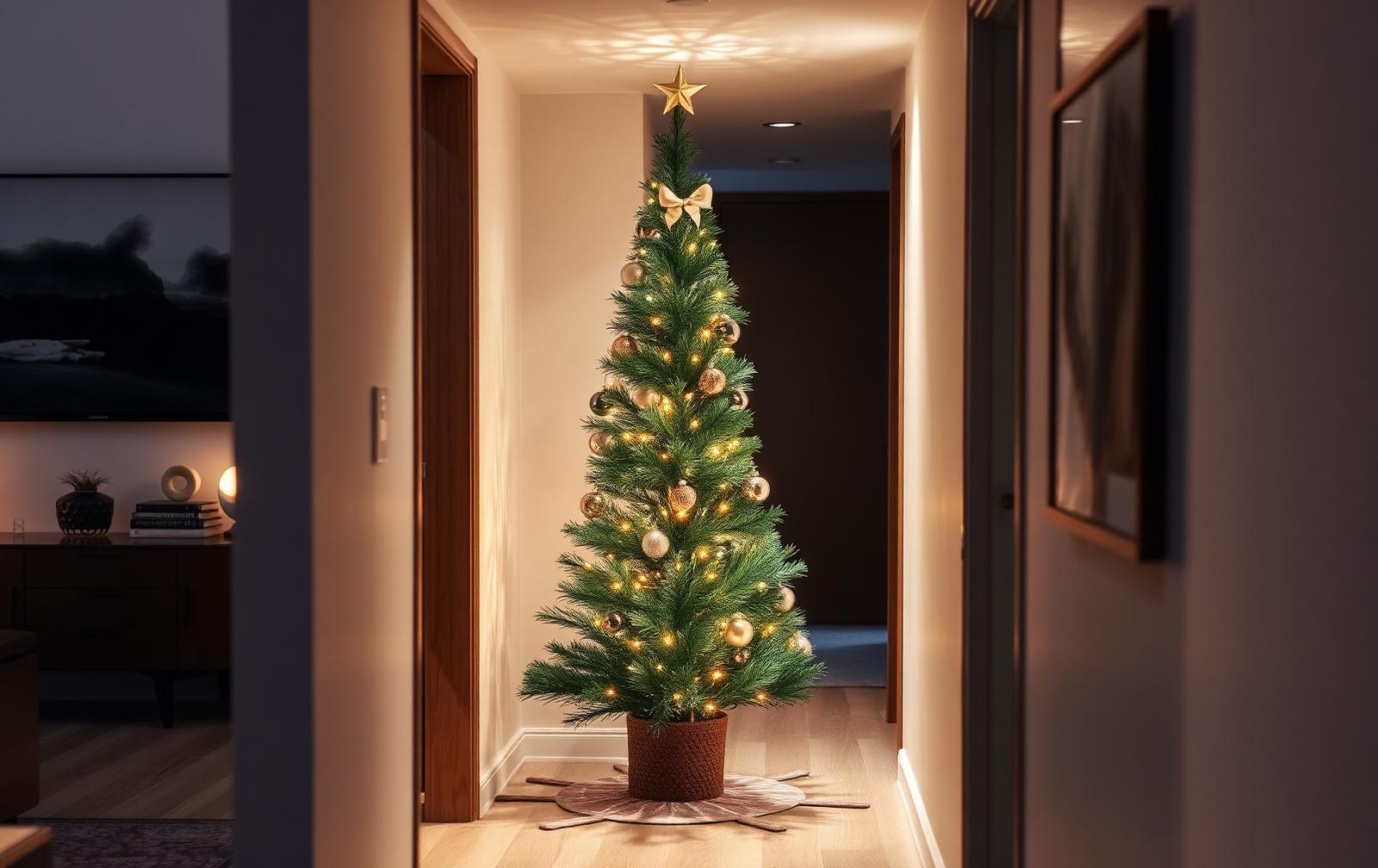 Smalle zuilvormige kerstboom met warme verlichting in een krappe hal van een appartement