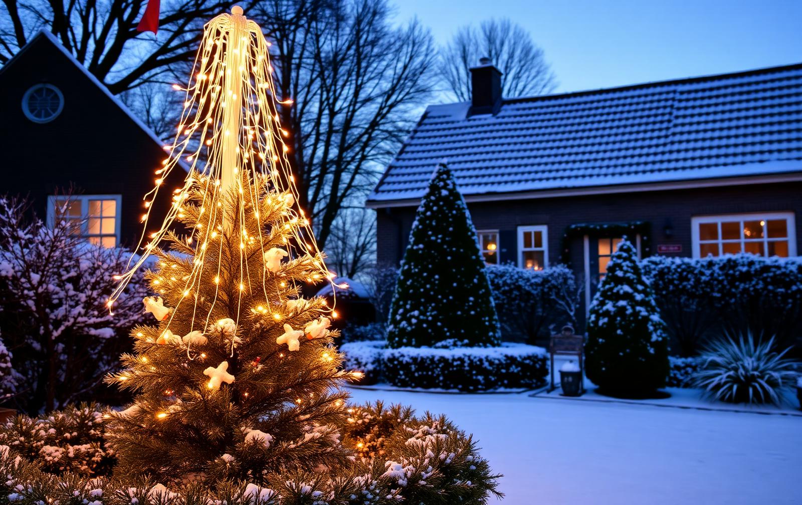 Vlaggenmast kerstboom met warmwitte lichtsnoeren in een besneeuwde voortuin bij schemer