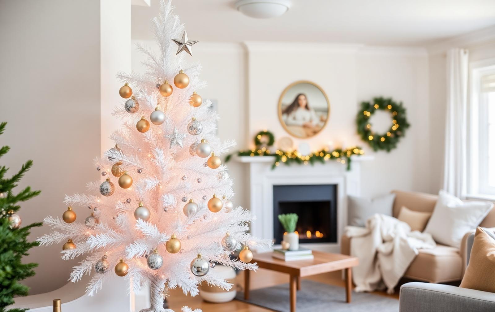 Witte kunstkerstboom met gouden en zilveren ballen in een licht Scandinavisch interieur